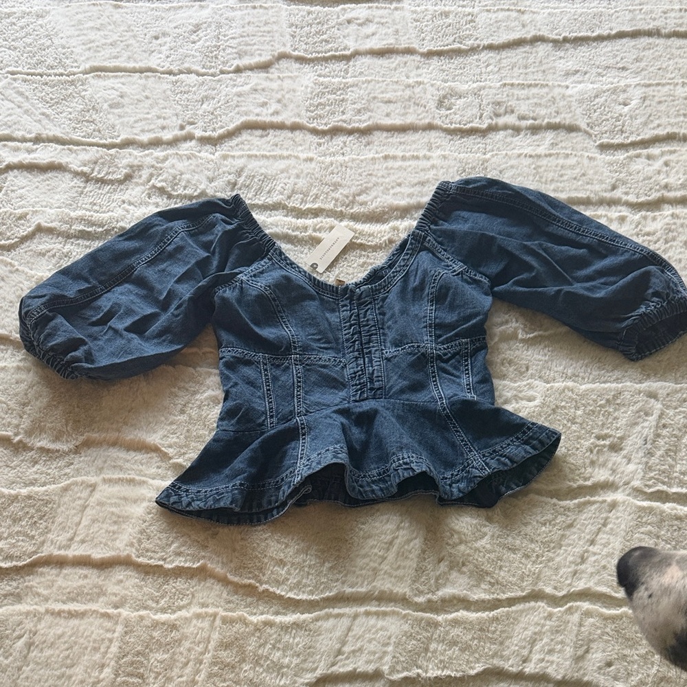 Pilcro Dark Blue Denim Peplum Off-Shoulder Top